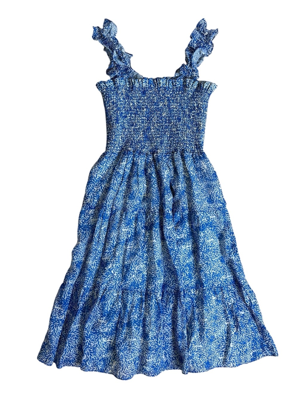 Amanda Uprichard Adeline White and Blue Smocked Bodice Tiered Midi Dress